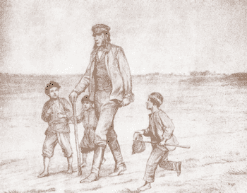Базаров на прогулке с деревенскими ребятами. Рисунок П.О.Ковалевского. 1898 г.