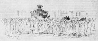 Литография с рисунка В.И. Порфирьева «Похороны Достоевского». 1881 г.