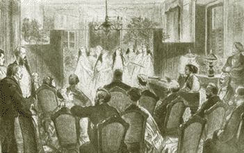 Артистический вечер у И.С. Тургенева в Баден-Бадене. Гравюра с рисунка Людвига Пича. 1868 г.
