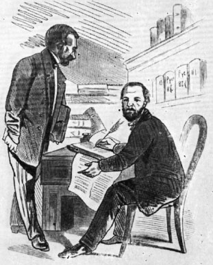 Достоевский — автор «Преступления и наказания». Гравюра Ф.Фрейнда с рисунка А.М. Волкова. 1867 г.