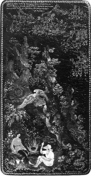 В оформлении использована работа палехского художника Н.М. Зиновьева (1888–1979) «Песня о Соколе» (1933; шкатулка).